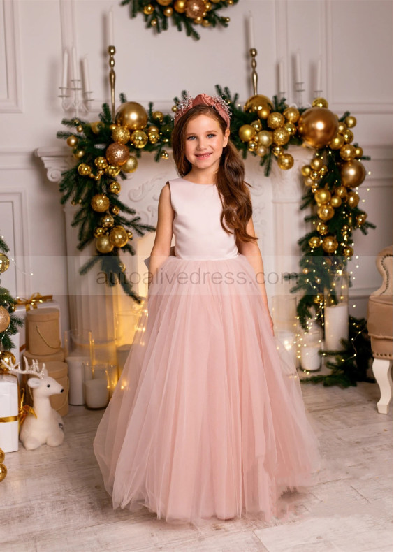 Dusty Rose Satin Tulle Flower Girl Dress With Double Bow